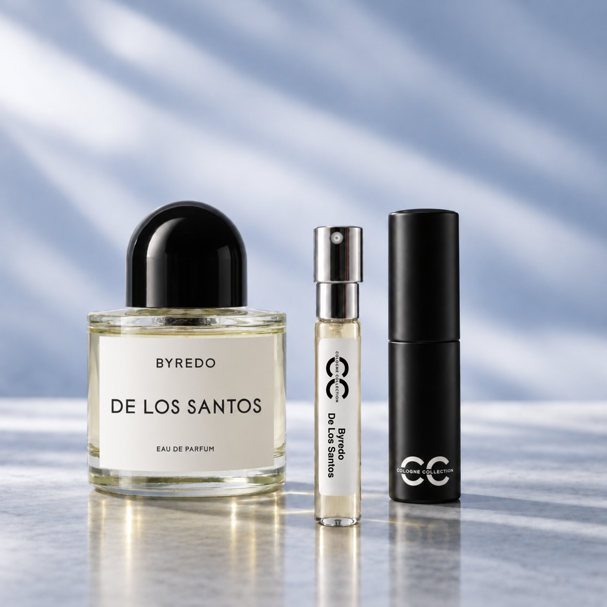 Byredo De Los Santos perfume bottle with 10ml fragrance sample and Cologne Collection travel atomiserLouis Vuitton City of Stars perfume bottle with 10ml fragrance sample and Cologne Collection travel atomiser