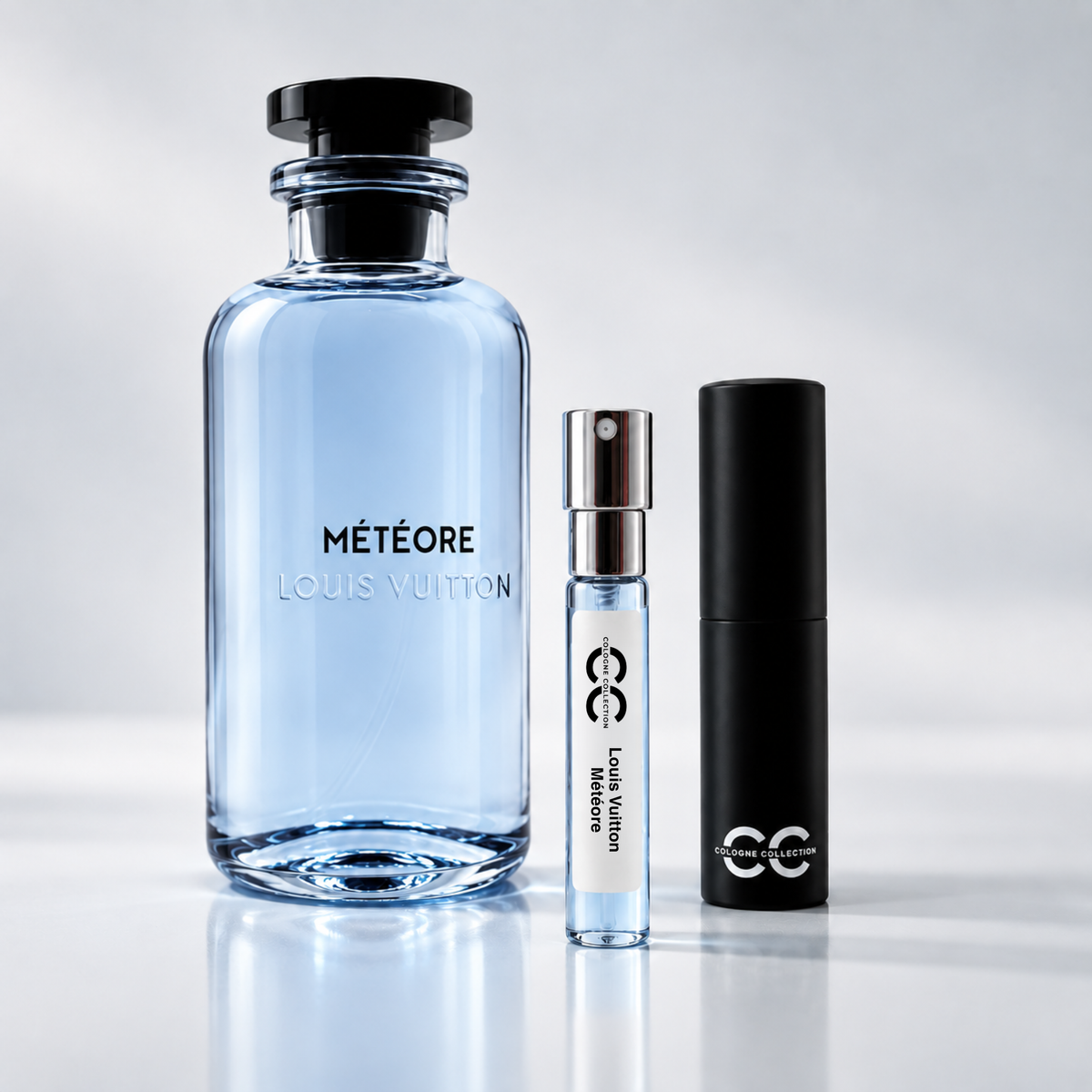 Louis Vuitton Météore perfume bottle with 10ml fragrance sample and Cologne Collection travel atomiser