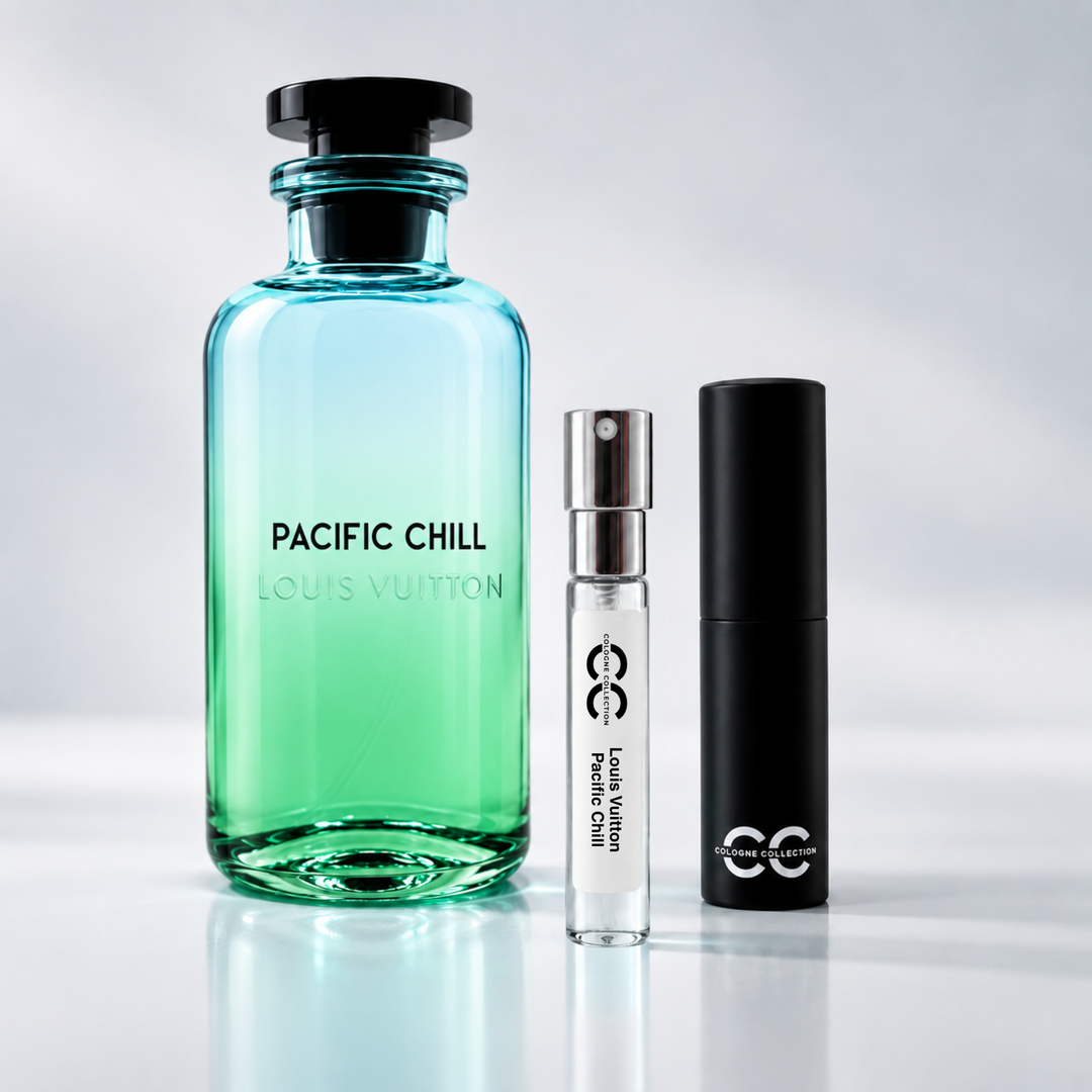 Louis Vuitton Pacific Chill perfume bottle with 10ml fragrance sample and Cologne Collection travel atomiser
