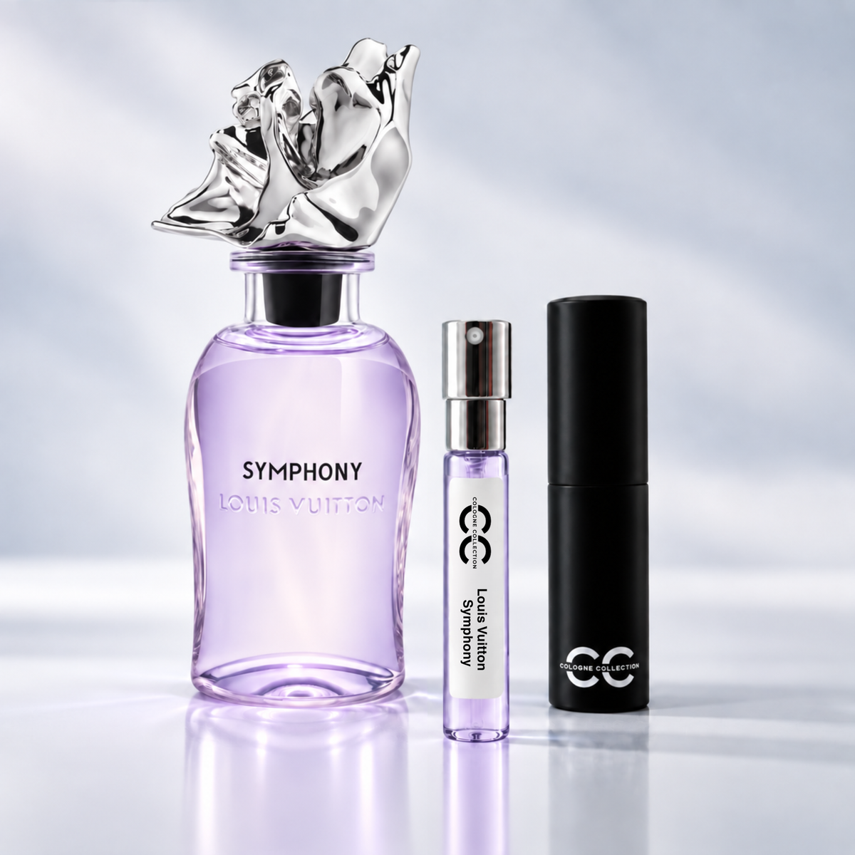 Louis Vuitton Symphony perfume bottle with 10ml fragrance sample and Cologne Collection travel atomiser