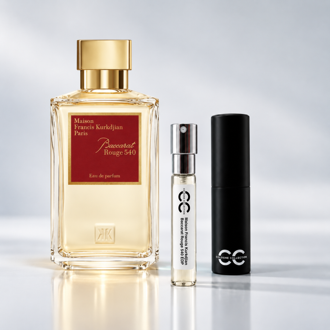 Maison Francis Kurkdjian Baccarat Rouge 540 Eau de parfum perfume bottle with 10ml fragrance sample and Cologne Collection travel atomiser