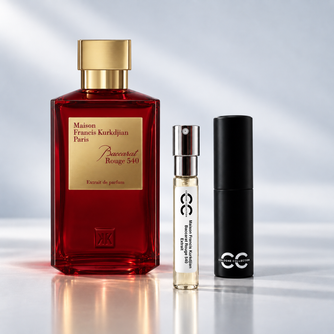 Maison Francis Kurkdjian Baccarat Rouge 540 Extrait de parfum perfume bottle with 10ml fragrance sample and Cologne Collection travel atomiser
