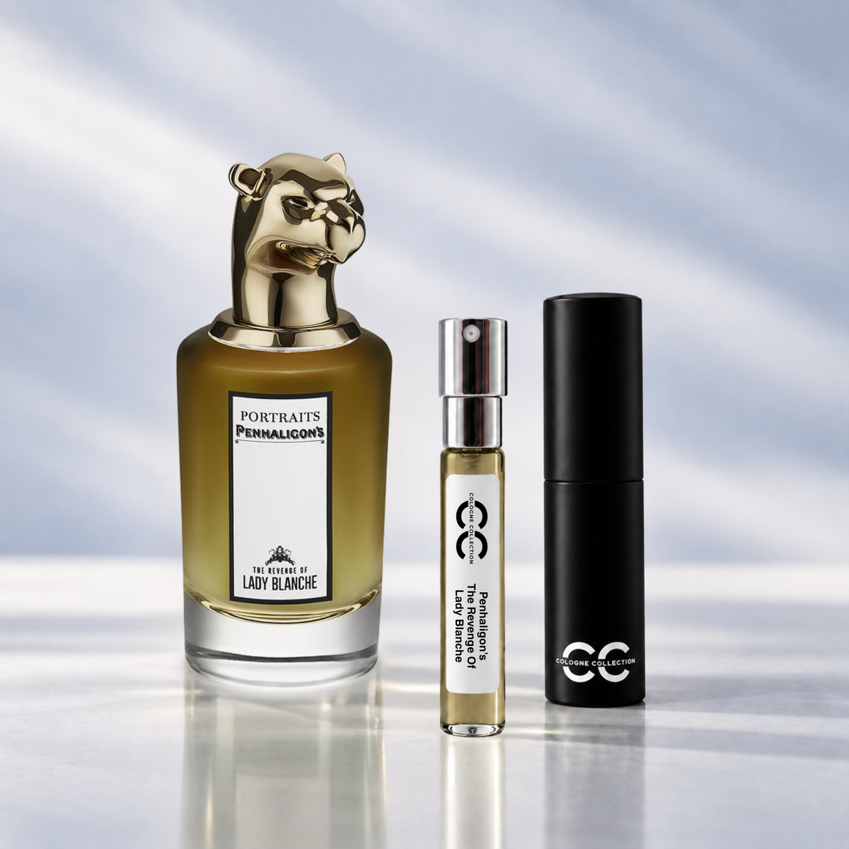 Penhaligon's The Revenge Of Lady Blanche perfume bottle with 10ml fragrance sample and Cologne Collection travel atomiser